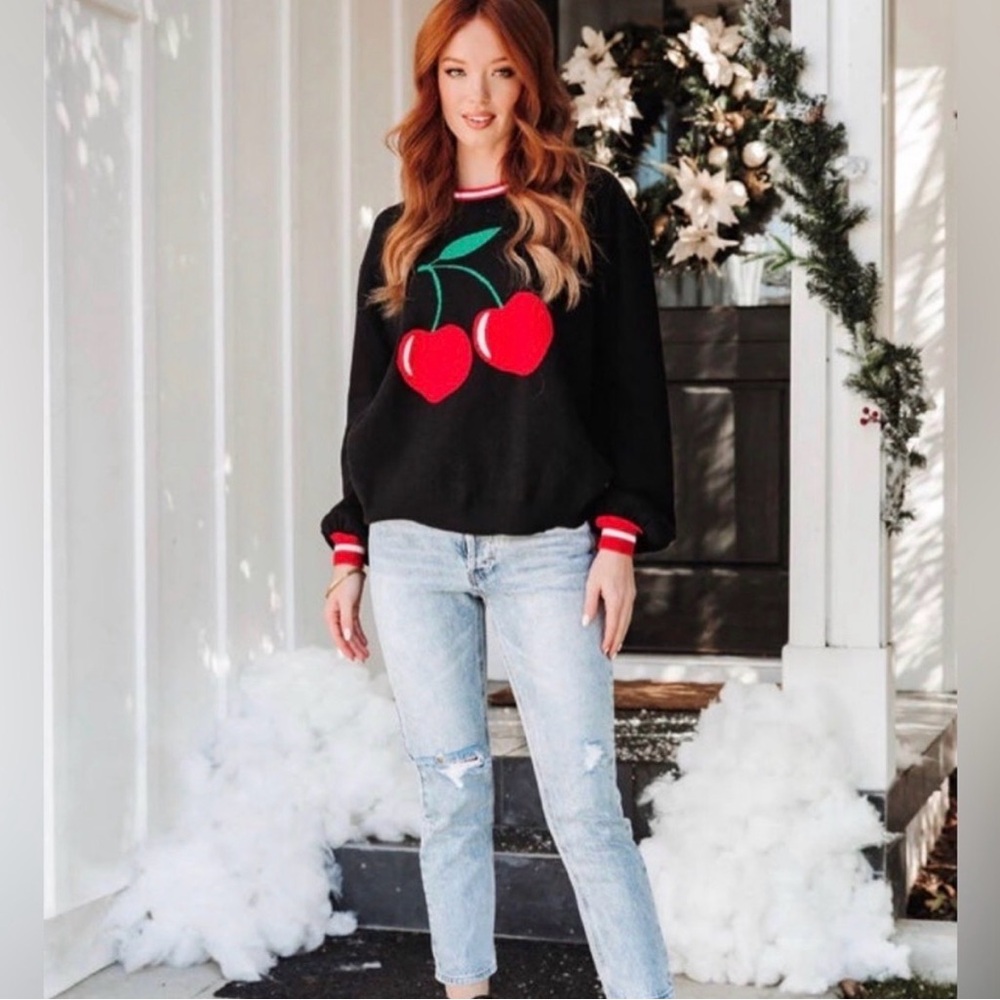 Black Sweater with Cherry Design by Vici NEW Sz small